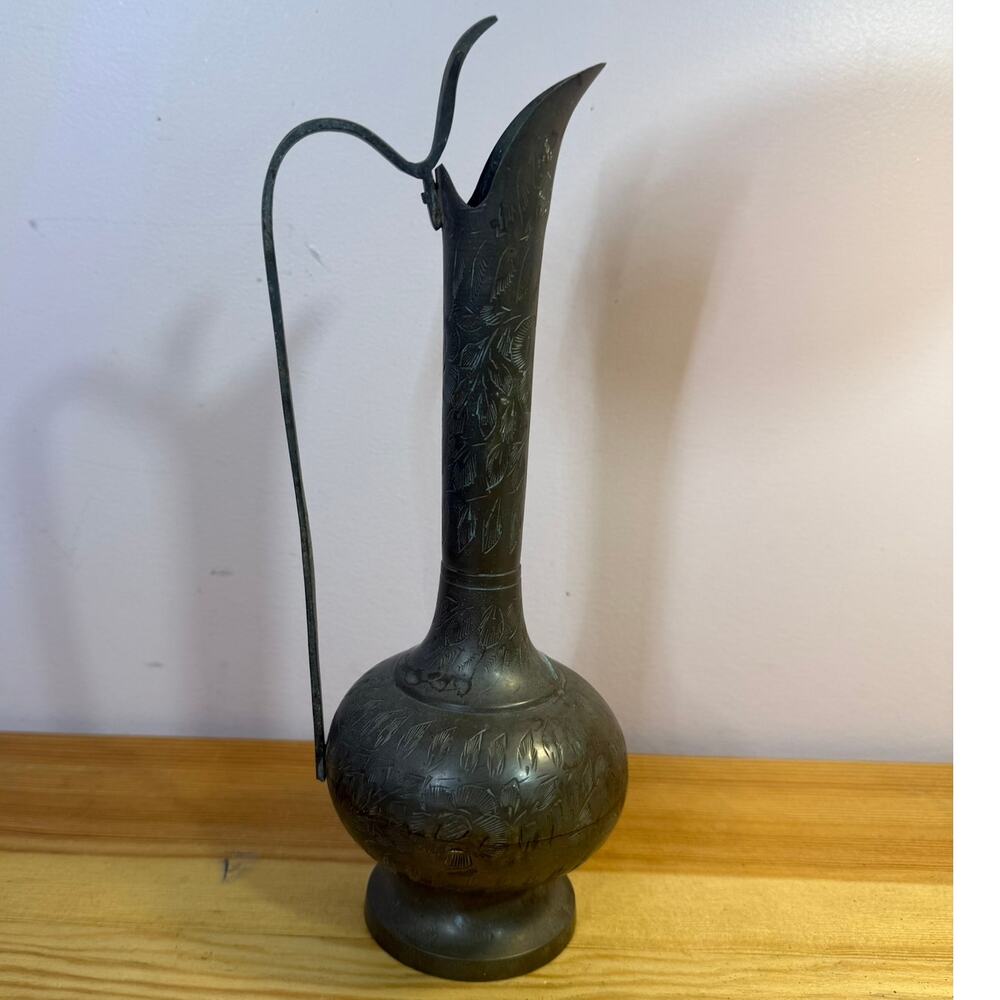 Vintage India Art World Brass Ewer Pitcher Engraved Floral 10"